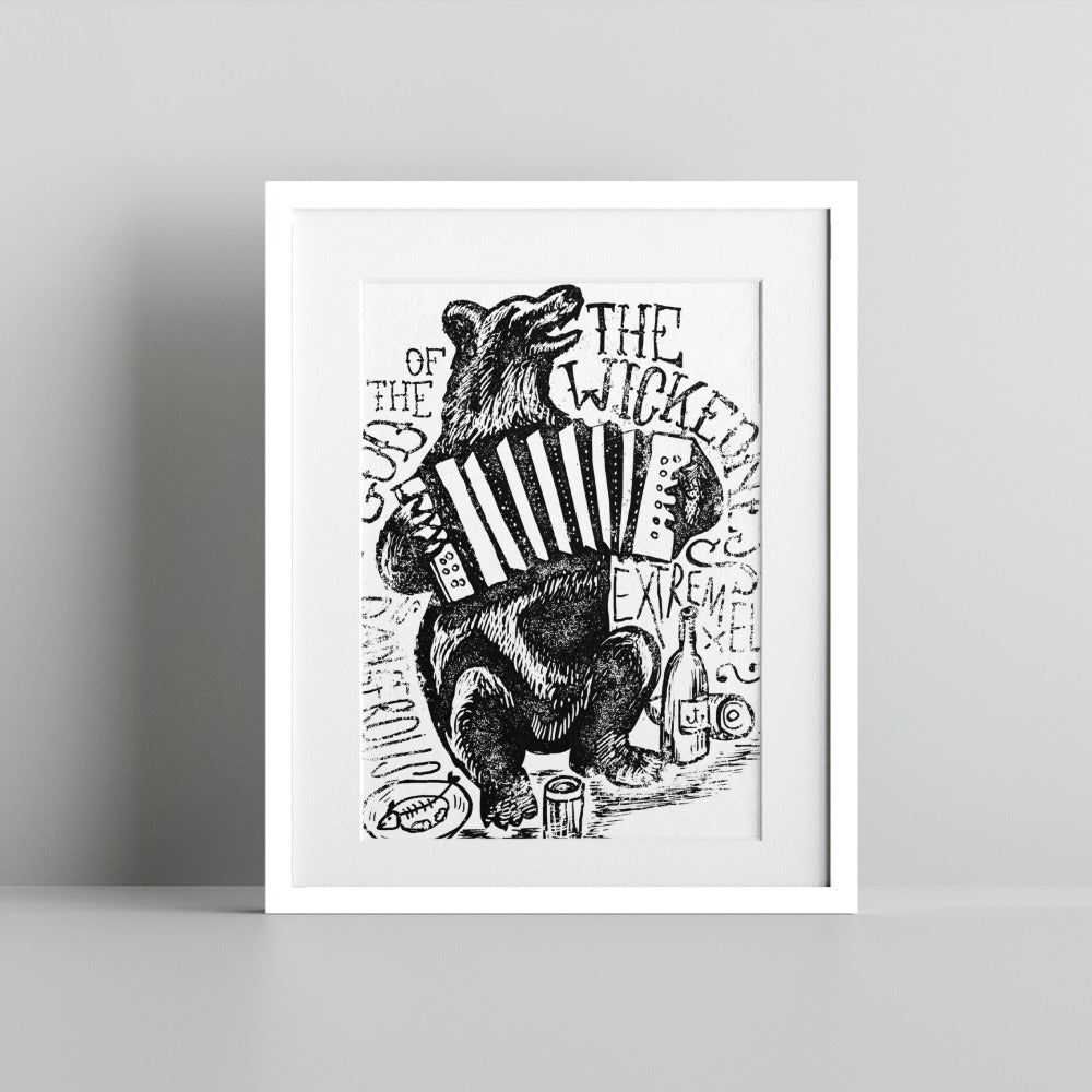 Bear Playing Accordion Black White Art Print Decor