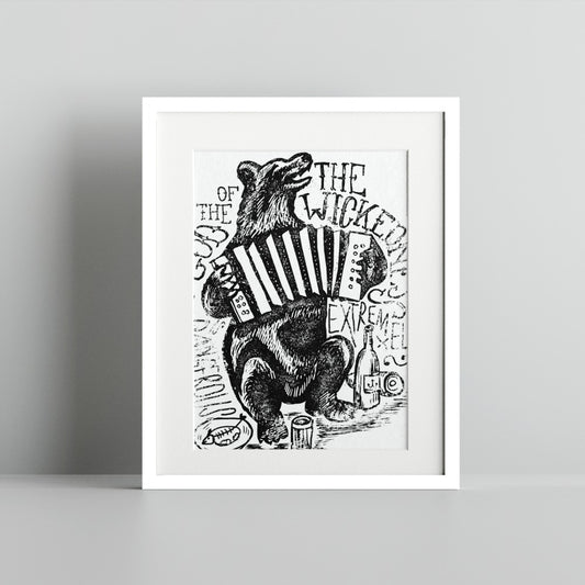 Bear Playing Accordion Black White Art Print Decor