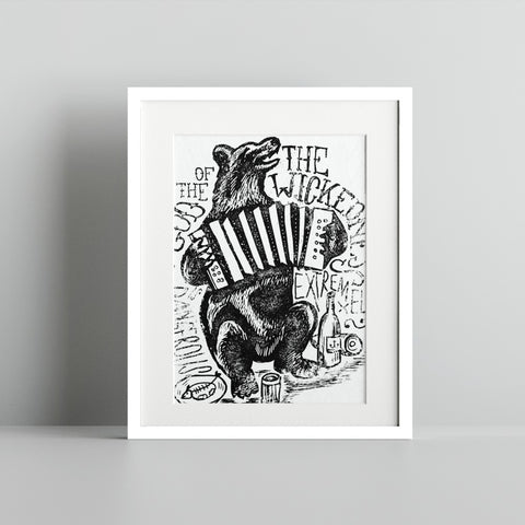 Bear Playing Accordion Black White Art Print Decor