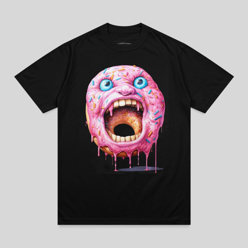 Black t-shirt with a cartoon donut with a screaming face and pink icing.