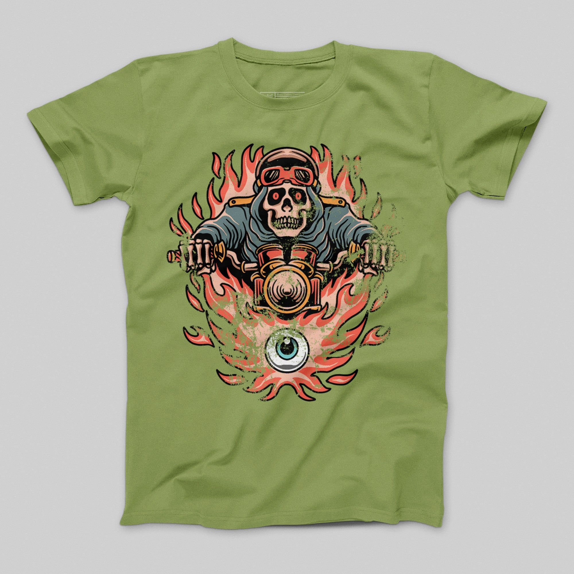 Skeleton Rider Flaming Motorcycle Graphic T-shirt