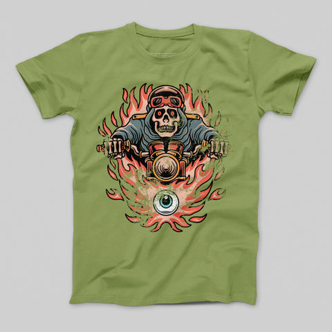 Skeleton Rider Flaming Motorcycle Graphic T-shirt