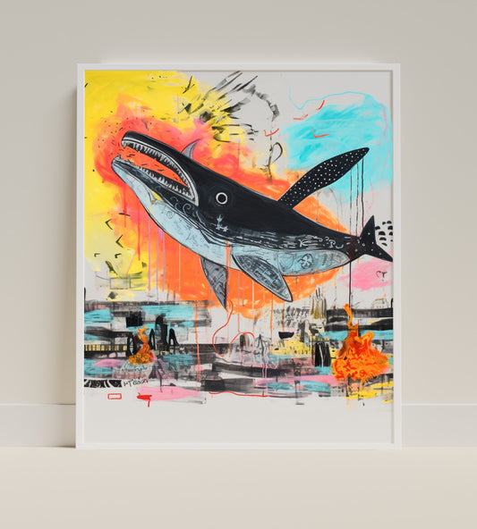 Vibrant Abstract Whale Art with Urban Elements Wall Print