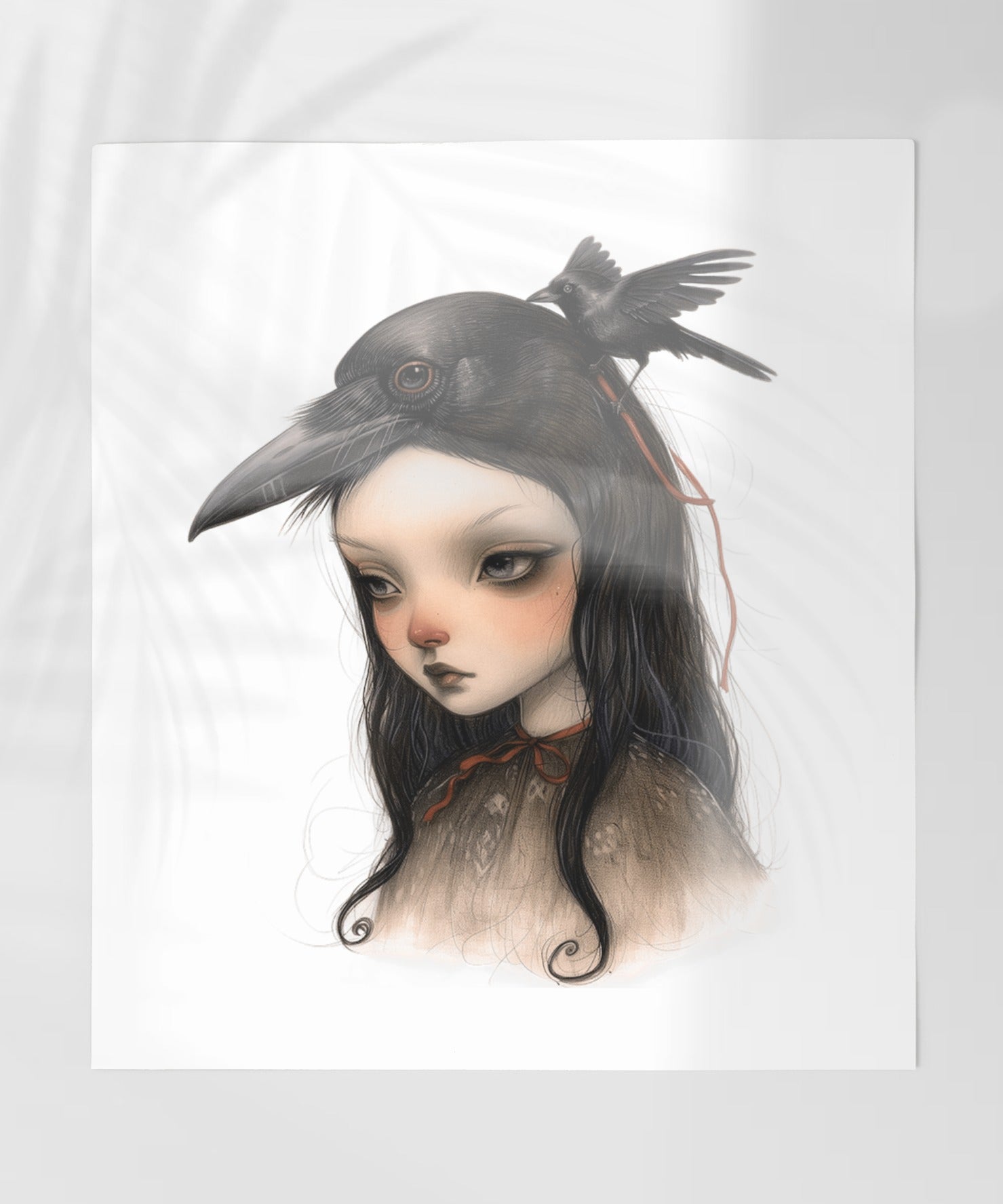 Girl with Raven on Head Surreal Illustration Art Print