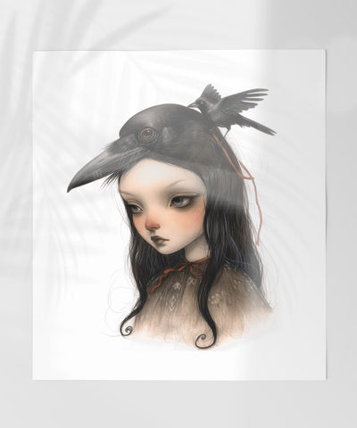 Girl with Raven on Head Surreal Illustration Art Print