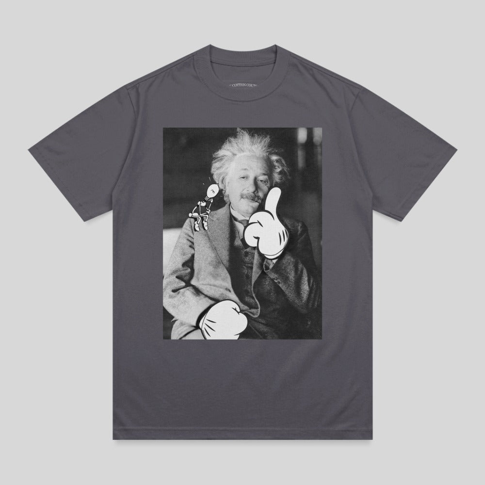 Albert Einstein giving a thumbs up, with Mickey Mouse hands.