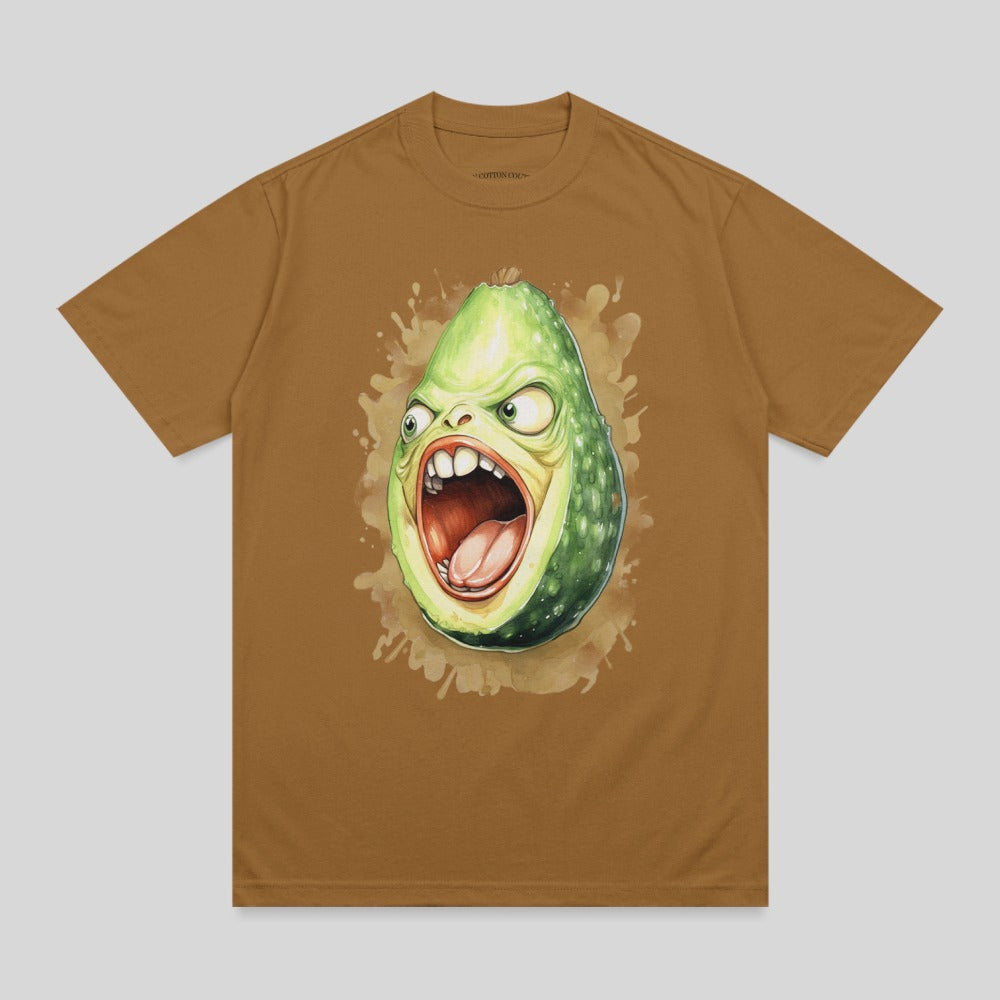 Brown t-shirt with a cartoon avocado character screaming.