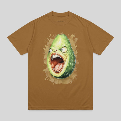 Brown t-shirt with a cartoon avocado character screaming.