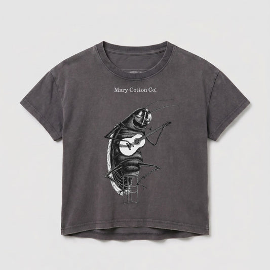 Grey t-shirt with illustration of a cockroach playing a guitar.