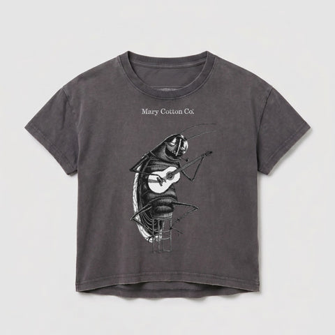 Grey t-shirt with illustration of a cockroach playing a guitar.