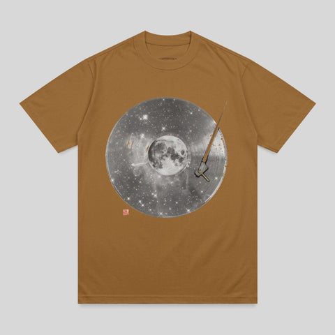 Brown t-shirt with a graphic of a vinyl record featuring the moon and stars.