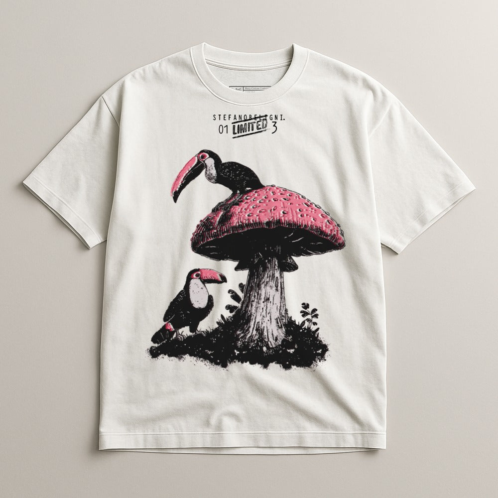 Toucan and Mushroom Printed Short Sleeve T-Shirt
