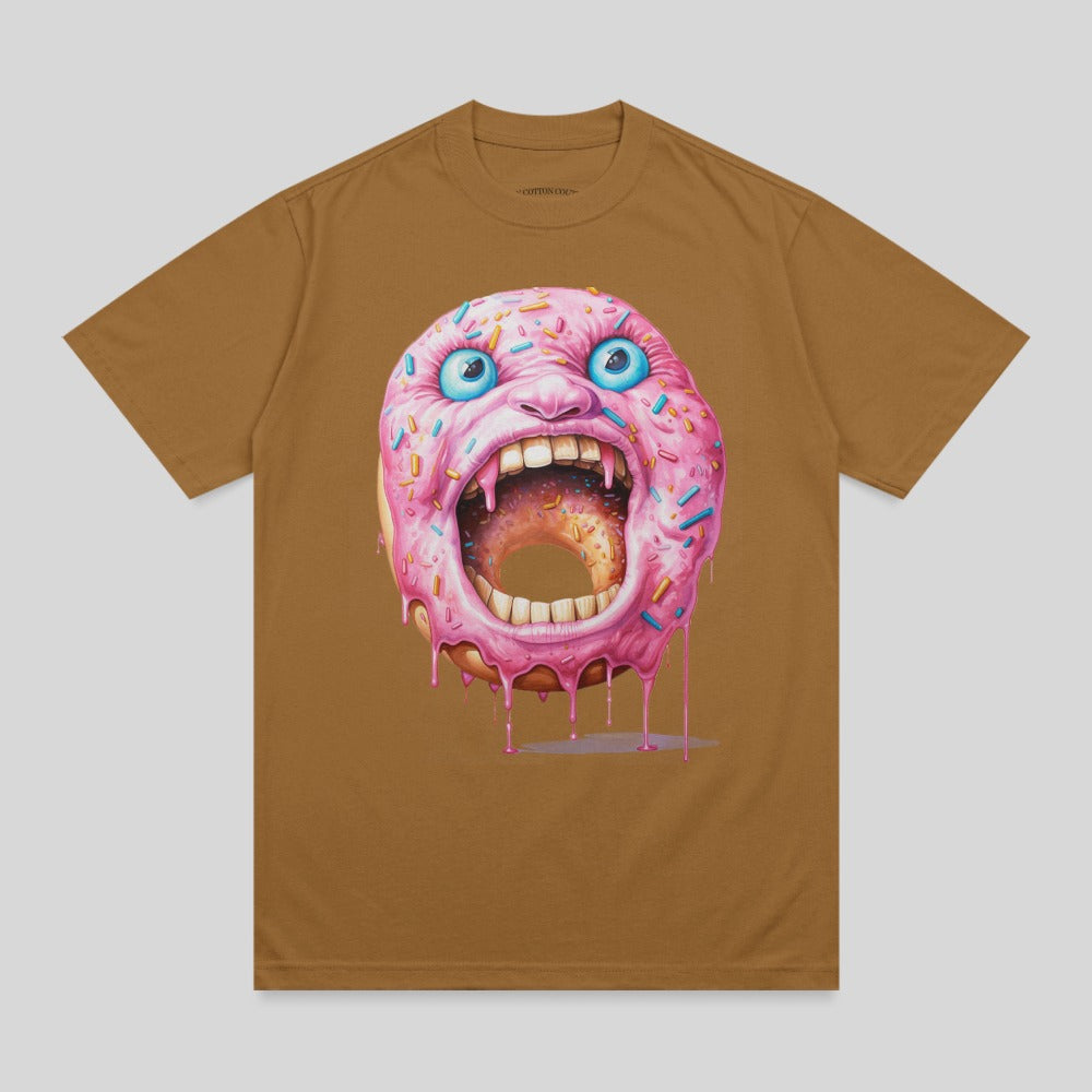 Brown t-shirt with a detailed, snarling pink frosted donut with blue sprinkles.