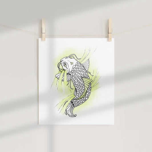 Koi Fish Illustration with Green Background Art Print