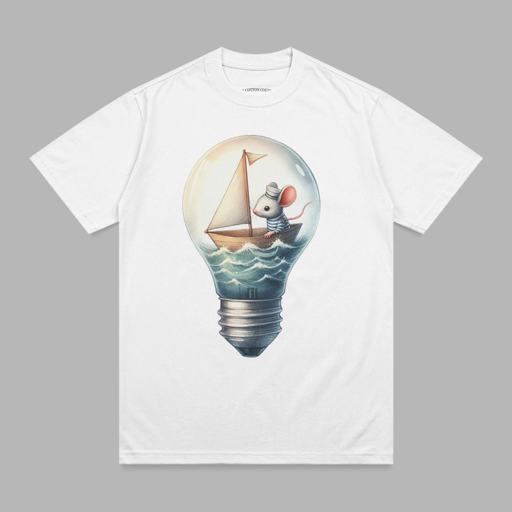 Mouse in sailboat inside a lightbulb.