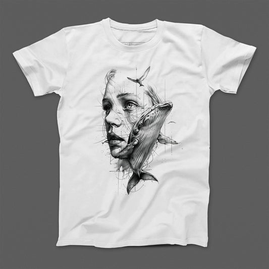 Artistic Whale and Woman Fusion Graphic T-Shirt
