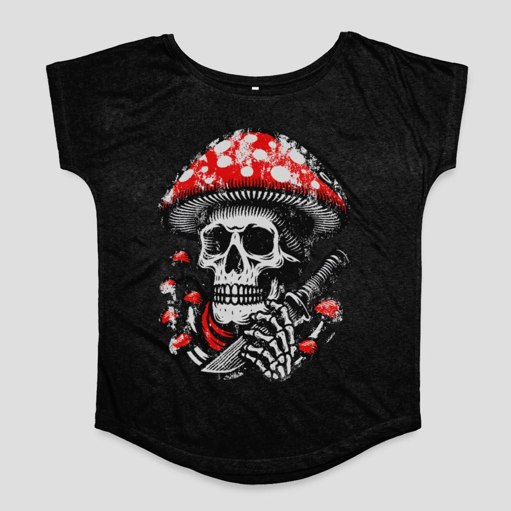 Skull Holding Knife with Mushroom Art T-Shirt