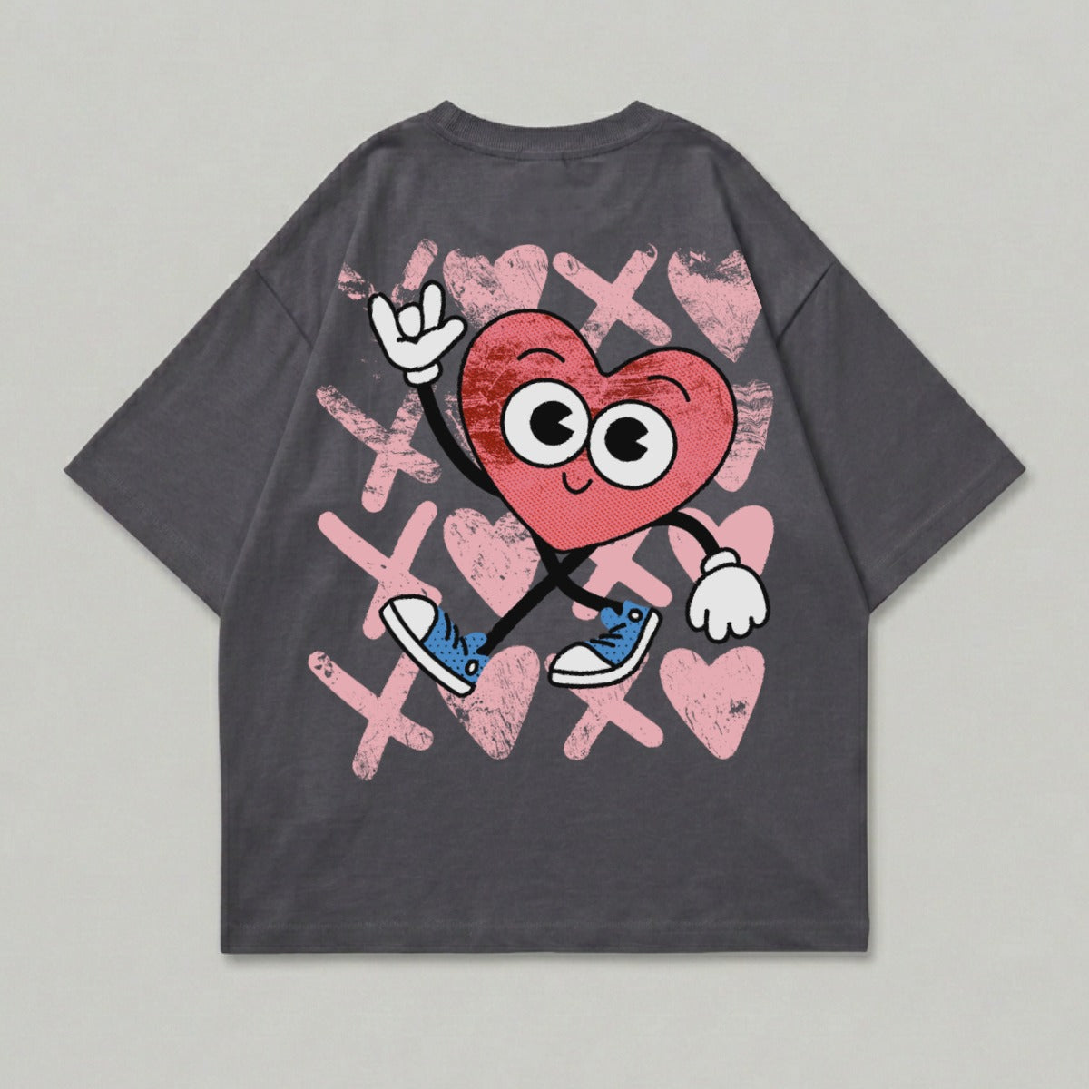 Dark Grey Shirt Pink XOXO Happy Heart Character Rock Hand product type