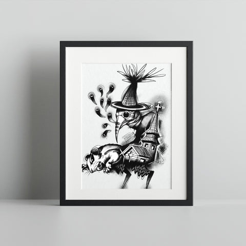 Plague Doctor Holding Opossum With Surreal Elements Print