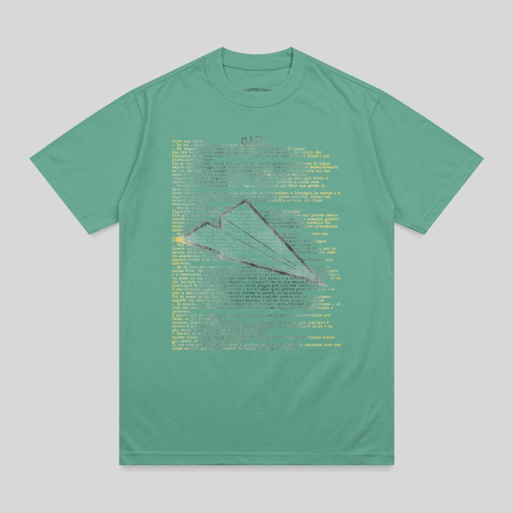 T-shirt with dense, light-colored text overlaying a faint airplane graphic.
