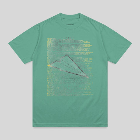 T-shirt with dense, light-colored text overlaying a faint airplane graphic.