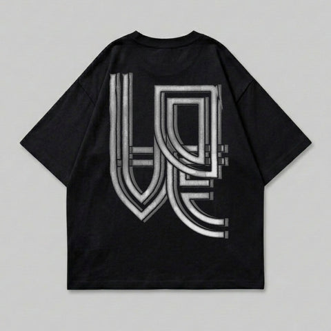 Black t-shirt with white abstract graphic design on back.