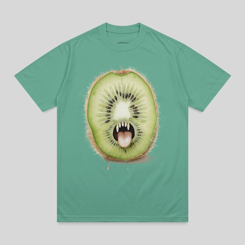 T-shirt featuring a cartoon kiwi fruit with fangs and tongue.
