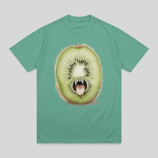 T-shirt featuring a cartoon kiwi fruit with fangs and tongue.