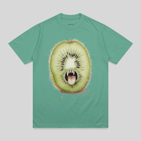 T-shirt featuring a cartoon kiwi fruit with fangs and tongue.