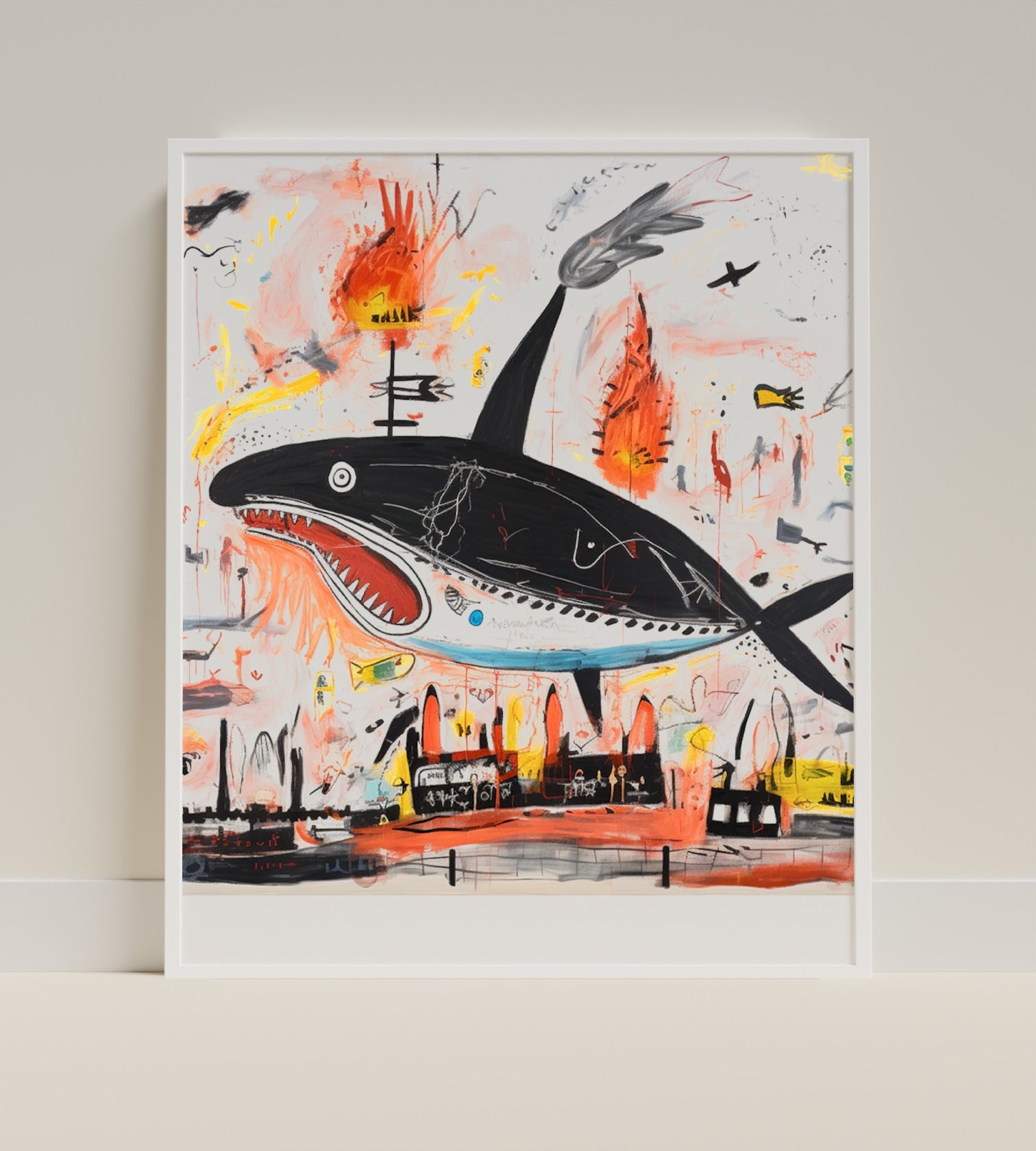 Abstract Whale Art with Vibrant Colors and Fire Print