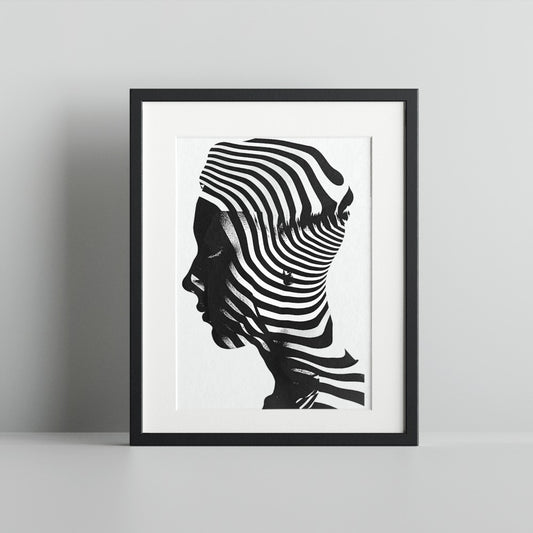 Abstract Monochrome Striped Face Art Framed Print Decor