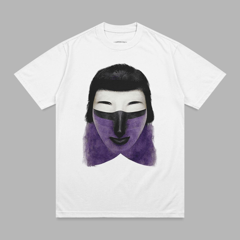 White t-shirt with a purple and black graphic of a woman's face.