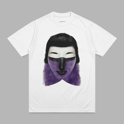 White t-shirt with a purple and black graphic of a woman's face.