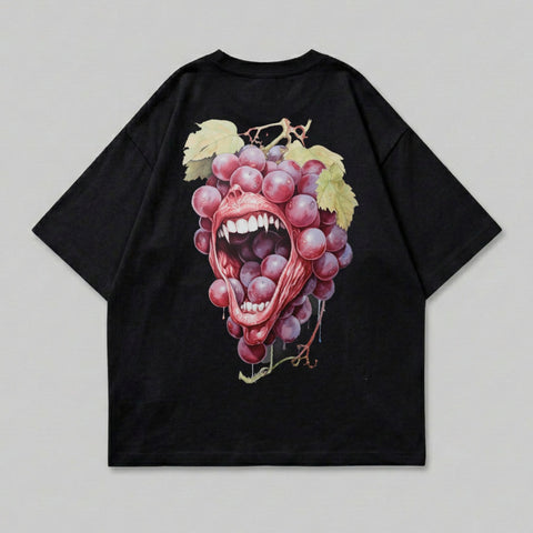 Black t-shirt with a graphic of a monstrous cluster of grapes with an open mouth.