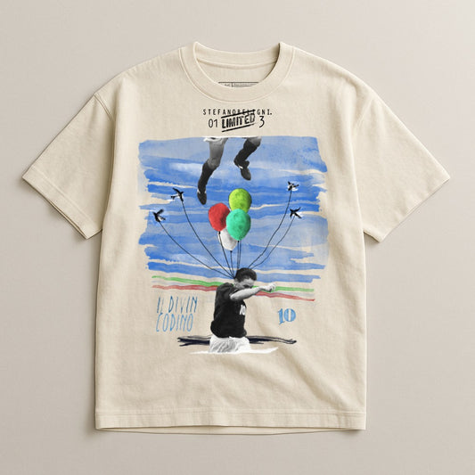 T-shirt with Maradona artwork: "Il Divin Codino" and "10" in blue and red.