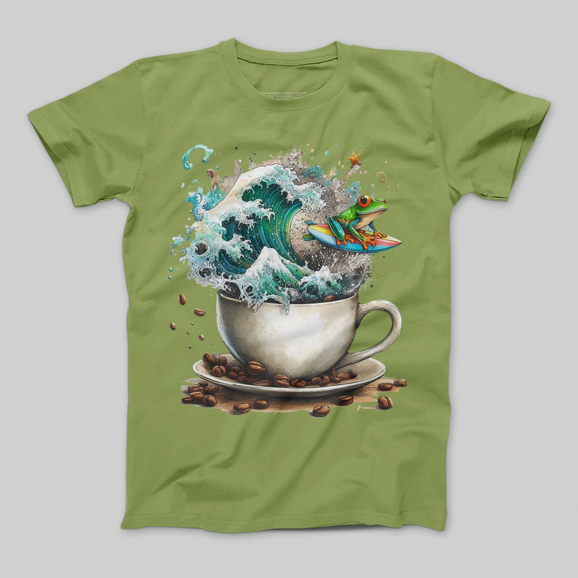 Frog Surfing in Coffee Cup Graphic Design T-shirt