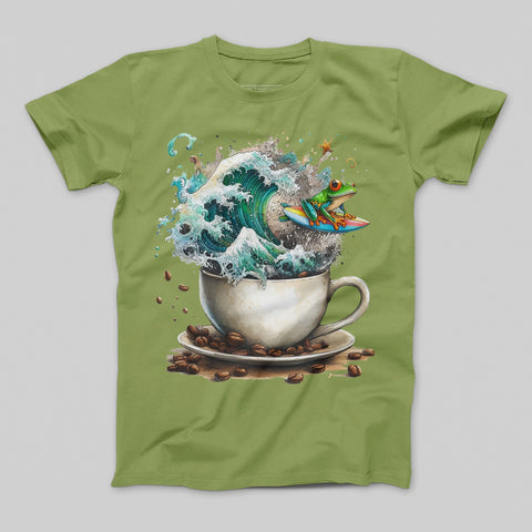 Frog Surfing in Coffee Cup Graphic Design T-shirt