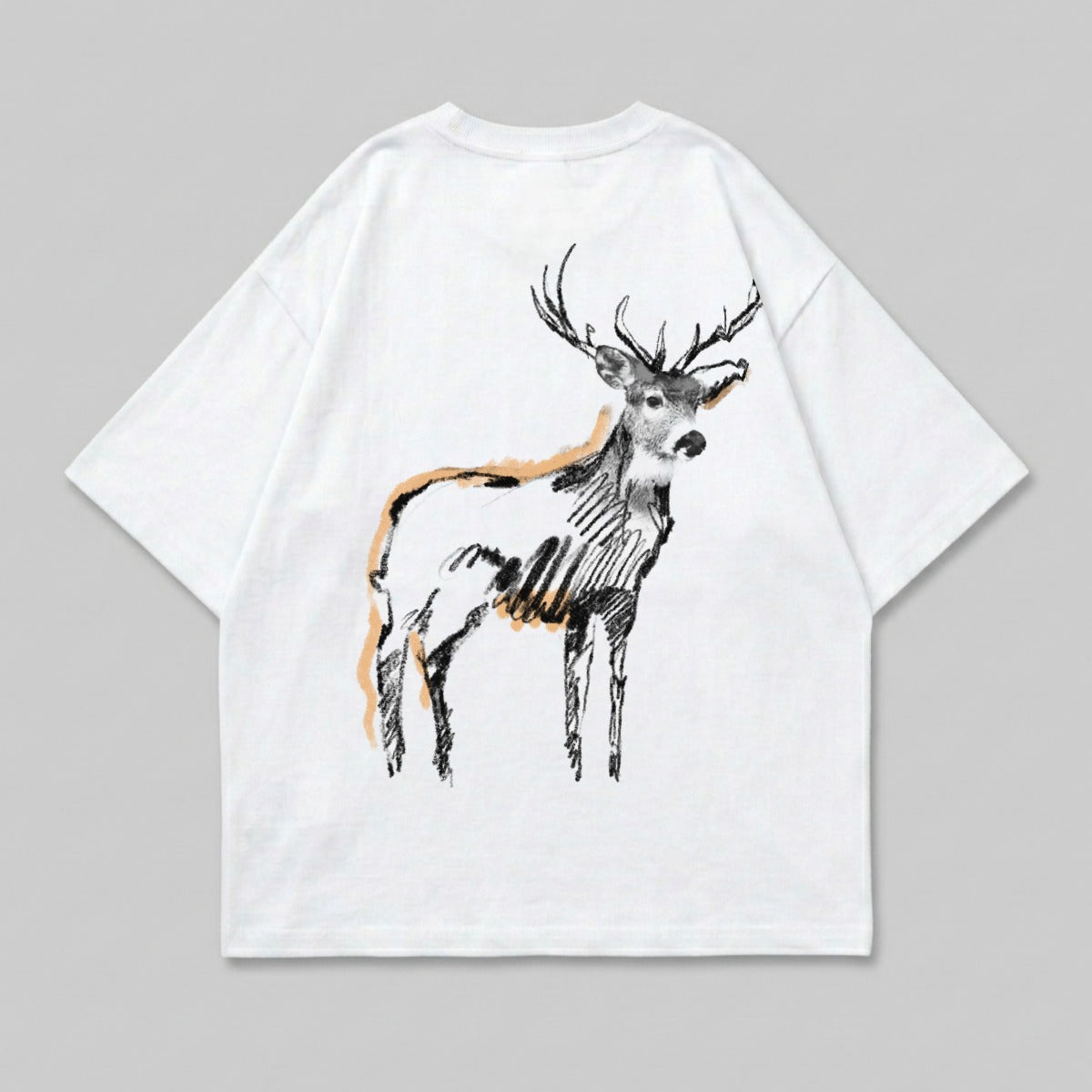 White t-shirt with a sketch of a deer, accented with orange lines.
