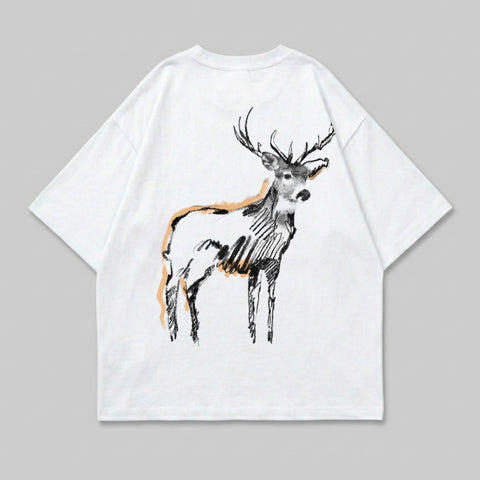White t-shirt with a sketch of a deer, accented with orange lines.