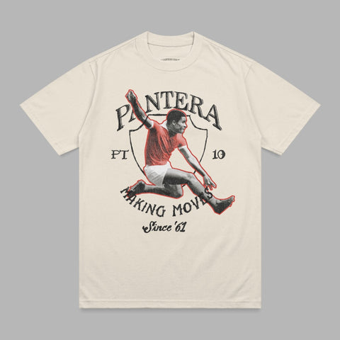 Cream t-shirt with PANTERA logo and vintage soccer player graphic.