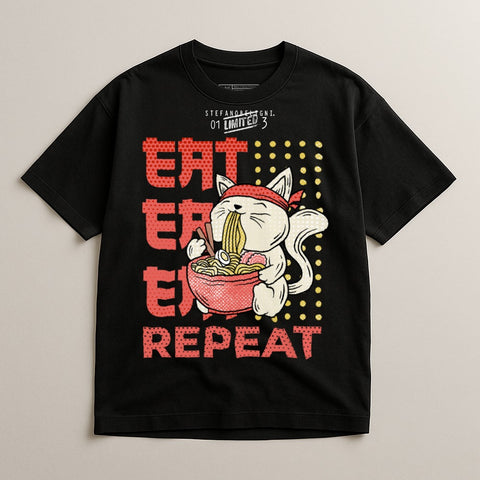 Eat Eat Eat Repeat Noodle Cat Graphic T-shirt