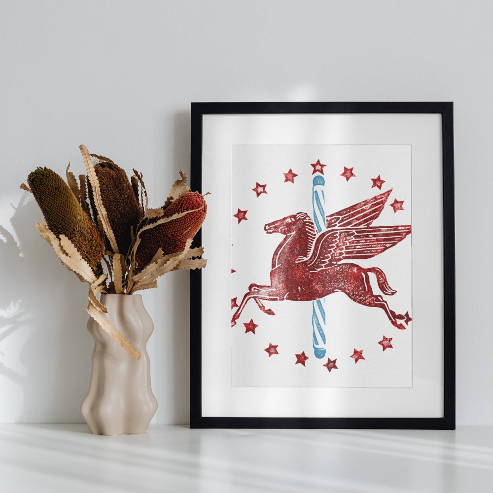 Vintage Red Pegasus Stars Wall Art Print Decor