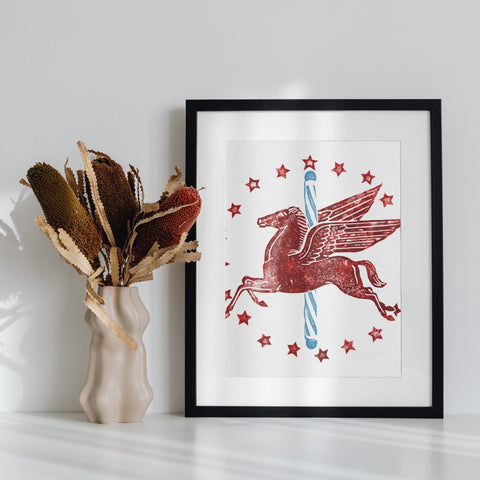 Vintage Red Pegasus Stars Wall Art Print Decor