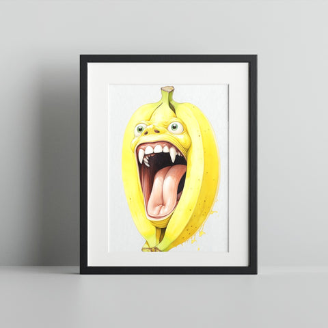 Funny Yellow Banana Monster Art in Black Frame Poster