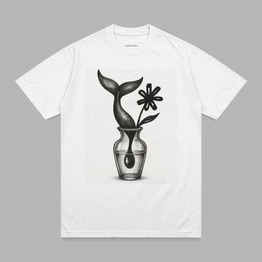 Whale tail and flower in vase, pencil sketch on white t-shirt.