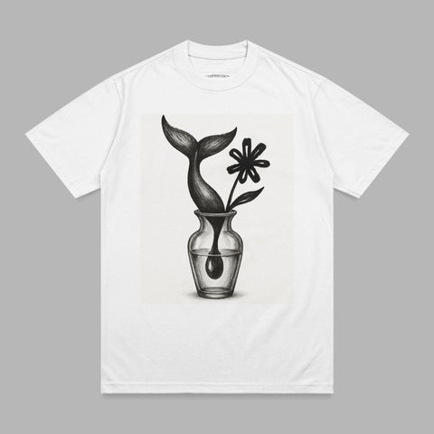 Whale tail and flower in vase, pencil sketch on white t-shirt.