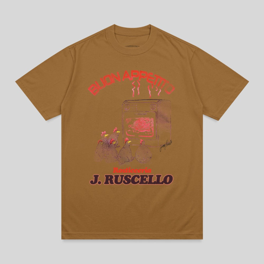 Brown t-shirt with "Buon Appetito" text, oven, and chickens graphic.