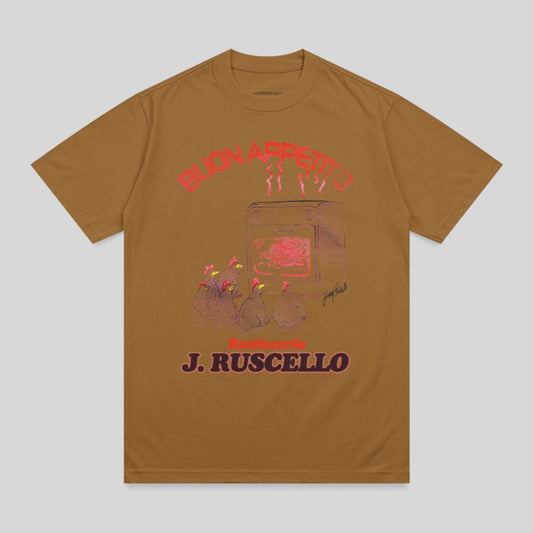 Brown t-shirt with "Buon Appetito" text, oven, and chickens graphic.