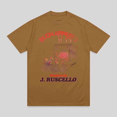 Brown t-shirt with "Buon Appetito" text, oven, and chickens graphic.