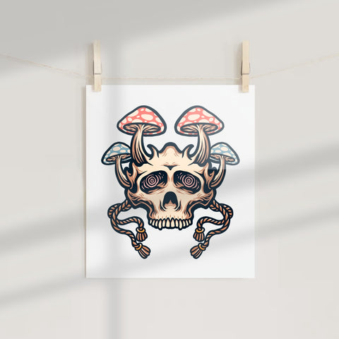 Surreal Skull with Psychedelic Mushrooms Poster